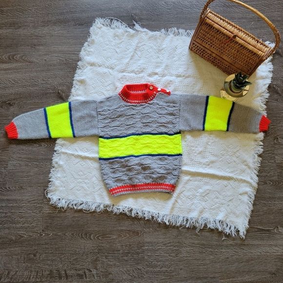 Handmade Kids Wool Knit Sweater Colorblock with Shoulder Buttons - Picture 4 of 6